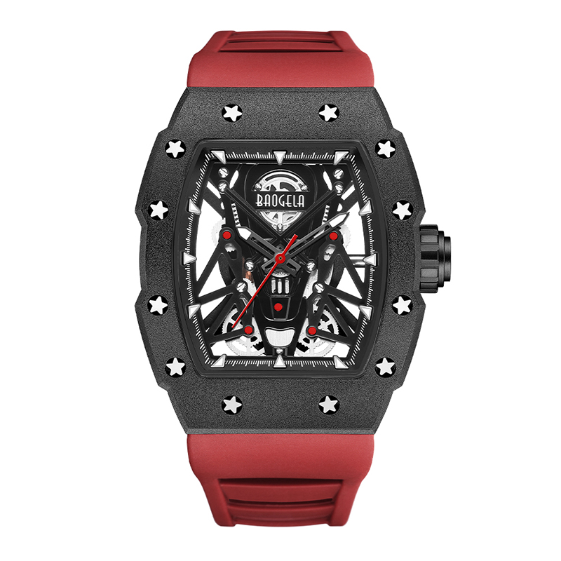 Baogela Silver Black Sport Quartz Watch for Men Tonneau Dial นาฬิกาข้อมือกันน้ำแบบอะนาล็อกกับสายไฟซิลิโคน Luminous Hands 4145