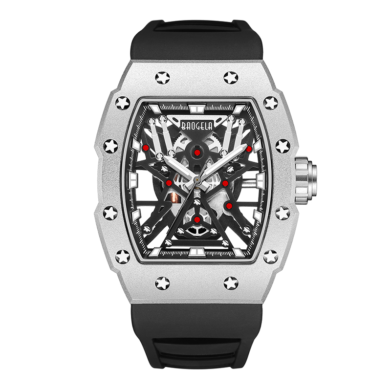 แบรนด์ Baogela Top ที่โดดเด่น Tonneau Mechanical Industrial Style Skeleton Skeleton Luminous Waterproof Sports Watches Steel Silicone Watch 4147