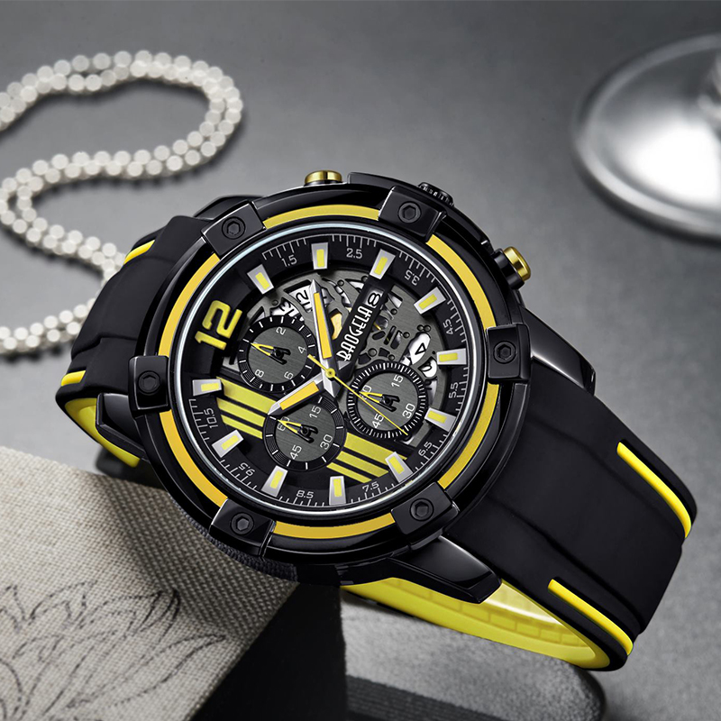 Baogel Men \\ S สายรัดซิลิโคนสีดำนาฬิกาควอตซ์นาฬิกาโครโนกราฟสปอร์ตข้อมือสำหรับผู้ชาย 3ATM กันน้ำส่องสว่างมือเหลือง 22701