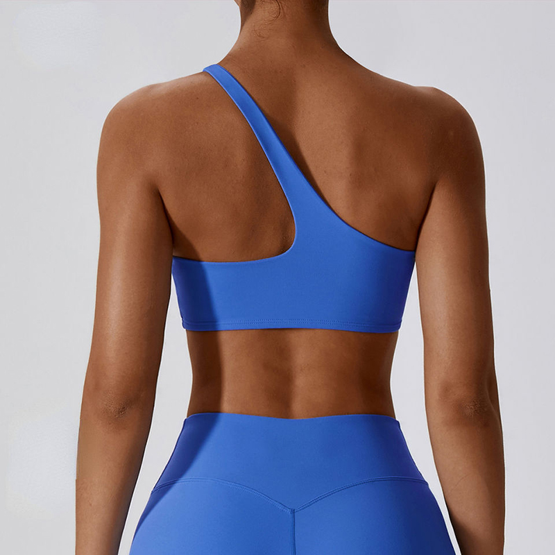 SC10188 Cross Back Yoga Sports Bra กระแทกสูงเบาะสีน้ำเงินไหล่หนึ่งไหล่บราสปอร์ต