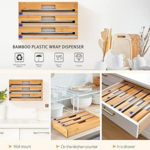3 in 1 wrap wrap with cutter, wrap พลาสติก, อลูมิเนียมฟอยล์และเครื่องจ่ายกระดาษขี้ผึ้งสำหรับลิ้นชักห้องครัว, ที่ยึดผู้จัดงานม้วนไม้ไผ่, เข้...
