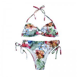 Halter Hollowed Out Pleated Print Stynic Stynic Swimsuits ชุดว่ายน้ำสองชิ้น