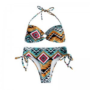 Halter Hollowed Out Pleated Print Stynic Stynic Swimsuits ชุดว่ายน้ำสองชิ้น