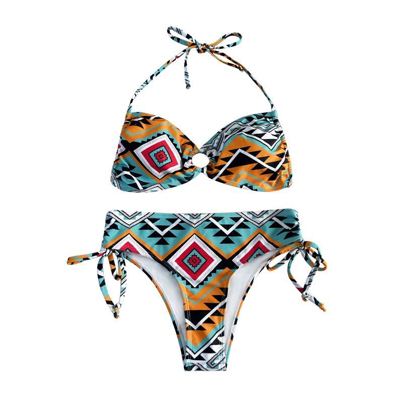 Halter Hollowed Out Pleated Print Stynic Stynic Swimsuits ชุดว่ายน้ำสองชิ้น