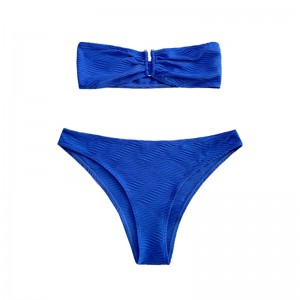 ลวดลายสีน้ำเงินผ้าพิเศษที่ไม่มีสายหนังด้านบน U-Button Split Swimsuit