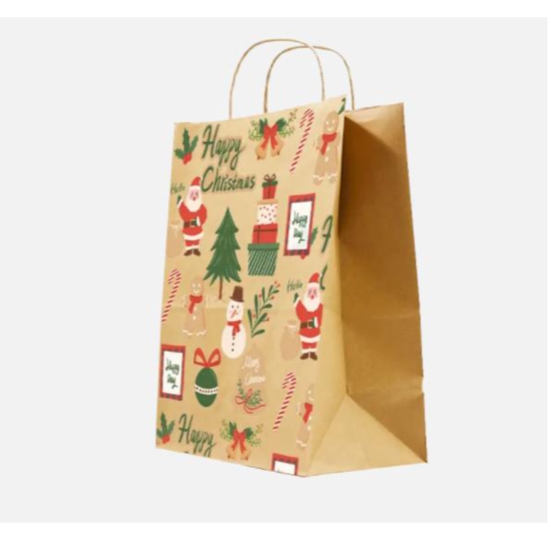 ถุงกระดาษคริสต์มาสสีน้ำตาลพร้อมมือจับบิดถุงของขวัญเทศกาลที่ปรับแต่งเองพร้อมป้ายขายขายส่งของตัวเอง