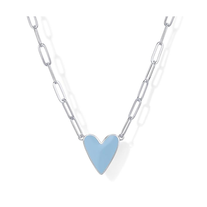 14K Gold Plated Heart จี้สร้อยคอผู้หญิงรักคลิปหนีบกระดาษสร้อยคอสีฟ้าสีชมพูสีม่วงสีขาวเคลือบหัวใจจี้