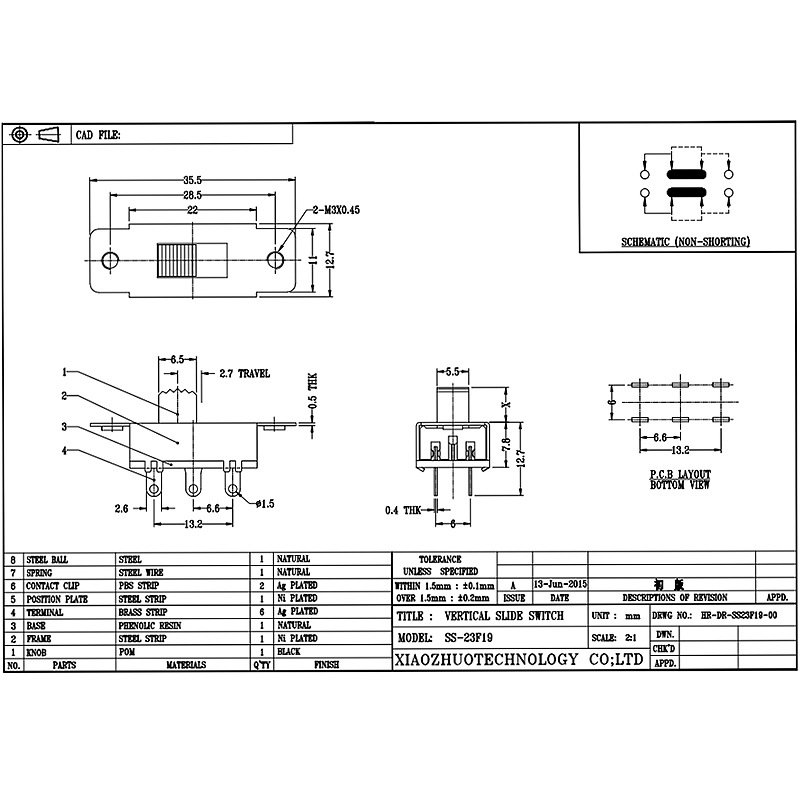 สวิตช์สไลด์ SS23F19 สองเท่า-แถวที่ 6-ปักสาม-สวิตช์สไลด์ตำแหน่ง, สวิตช์ DVD Slide